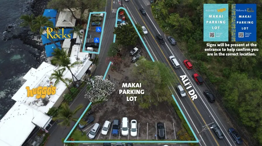 Aerial view of the Makai parking lot beside Huggo's and On The Rocks on Ali'i Drive