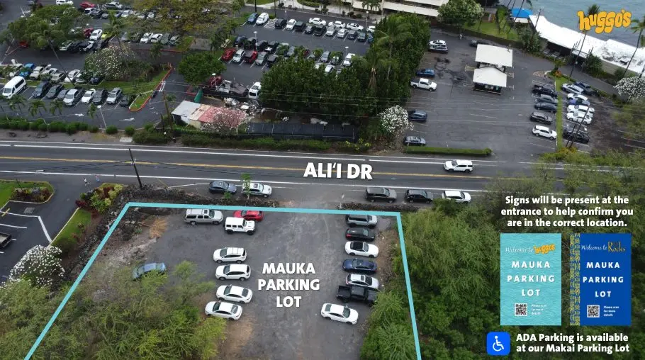 Aerial view of the Mauka parking lot across Ali'i Drive from Huggo's