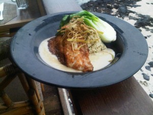 Sauteed opah, bamboo rice, baby bok choy. fried leeks
