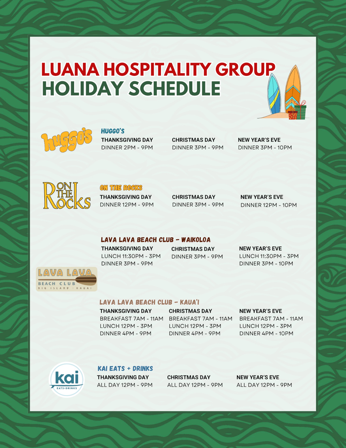 Huggo's 2025 Holiday Schedule